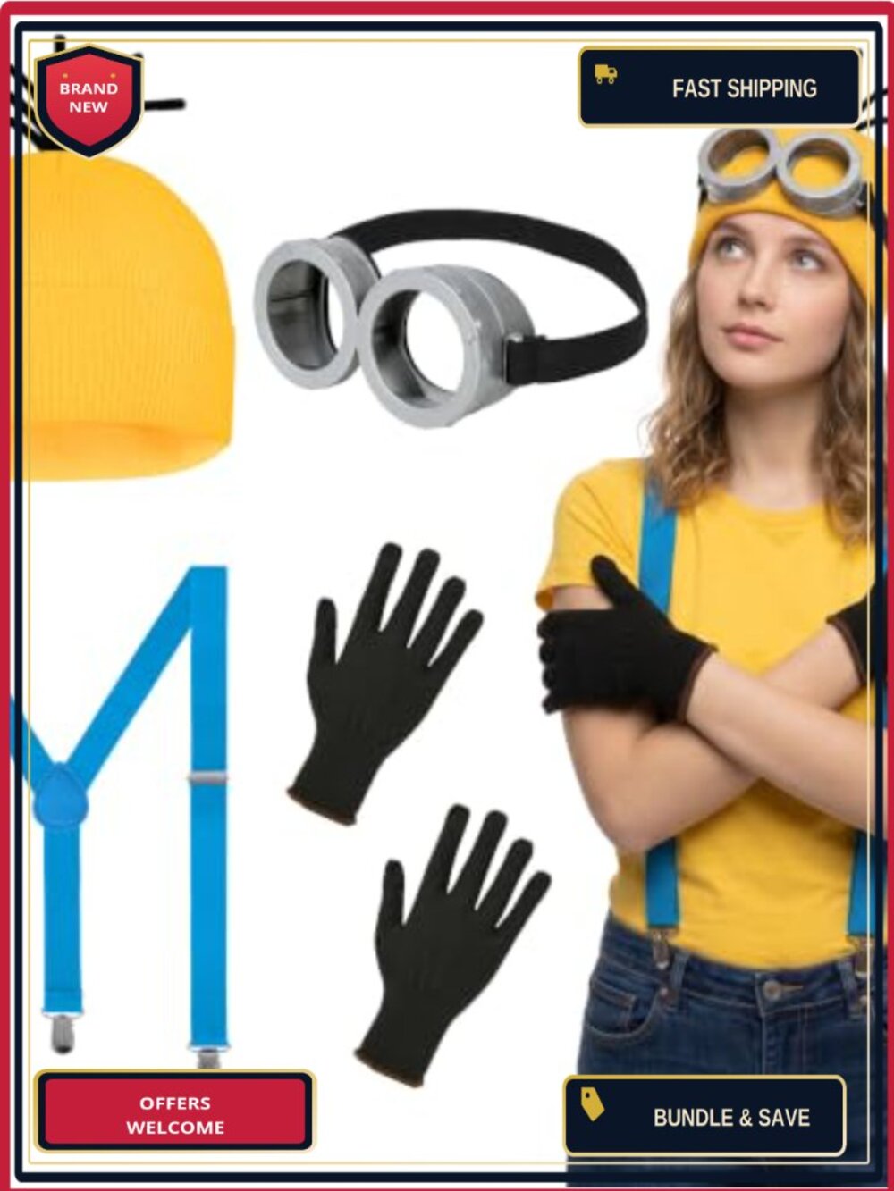 Halloween Costume Accessory Set Yellow Hat Glasses Gloves Adult Anime Cosplay